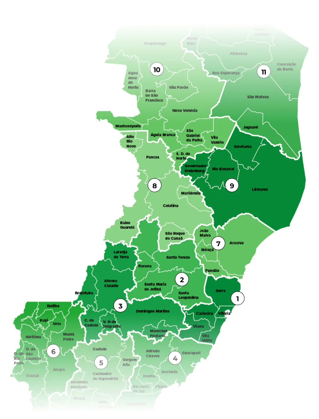 Mapa do Espírito Santo com lojistas Gmax Auto espalhados por todas as regiões